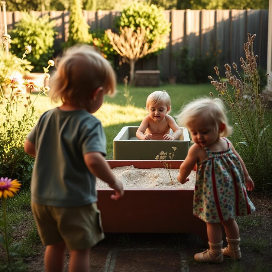Kinderen spelen buiten in de tuin bij de zandbak